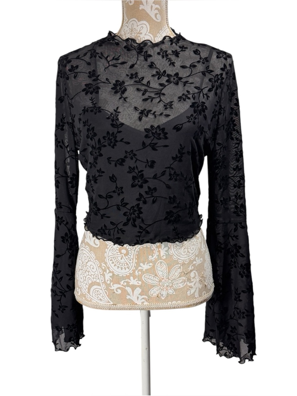 Sheer Mesh Floral Burnout Long Bell Sleeve Gothic Top Size Large Grunge Fairy
